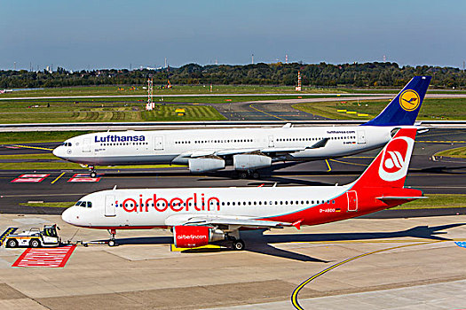 汉莎航空公司,空中客车,a340,空气,柏林,a320,杜塞尔多夫,国际机场,北莱茵威斯特伐利亚,德国,欧洲