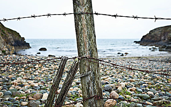 刺铁丝网,岩石,海滩