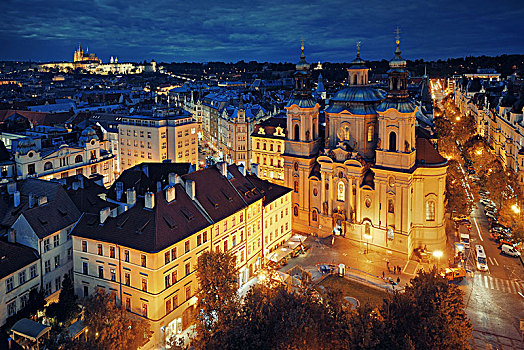 布拉格,天际线,屋顶,风景,古建筑,夜晚,捷克共和国