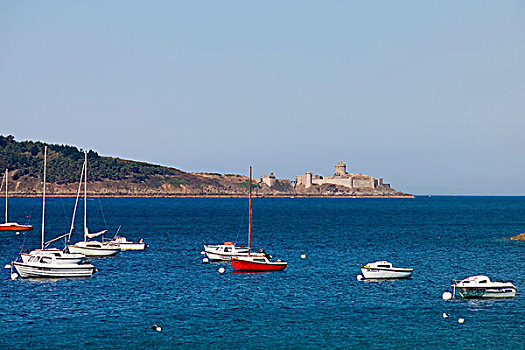 湾,船,城堡,布列塔尼半岛,法国