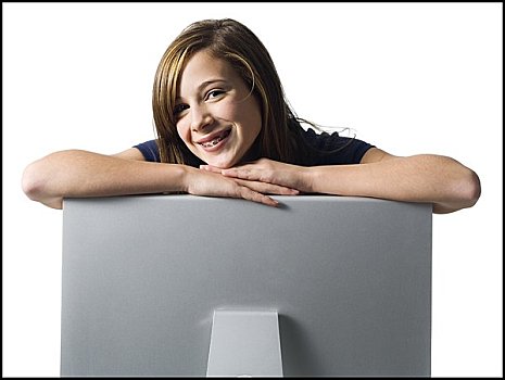 女孩,牙套,靠着,电脑显示器,微笑
