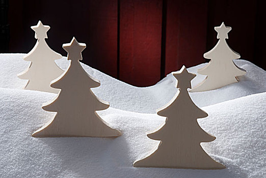 四个,白色,木质,圣诞树,雪