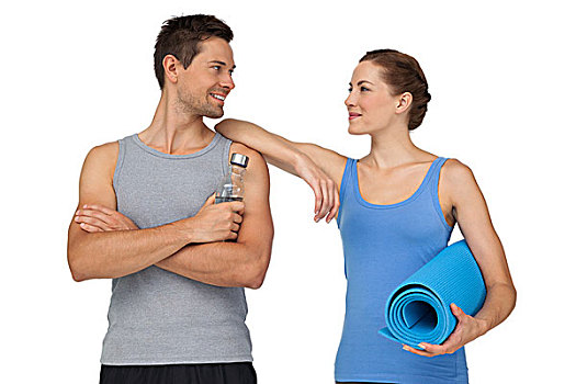 健身,年轻,情侣,练习垫,水瓶