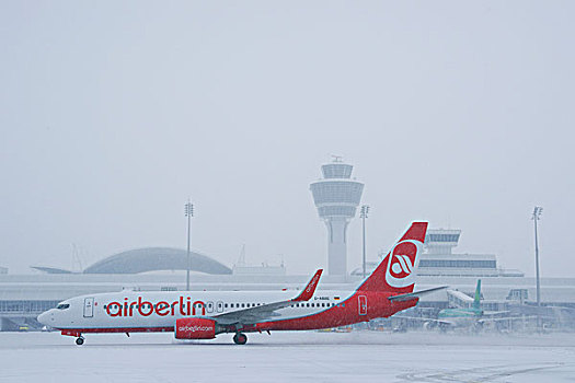雪,冬天,波音737,空气,柏林,塔,飞机,区域,西部,1号航站楼,慕尼黑机场,巴伐利亚,德国,欧洲