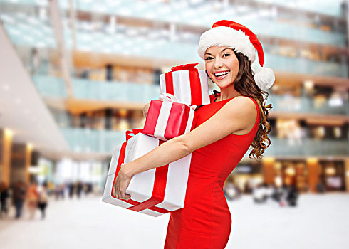 圣诞节,休假,庆贺,人,概念,微笑,女人,红裙,礼盒,上方,购物中心,背景