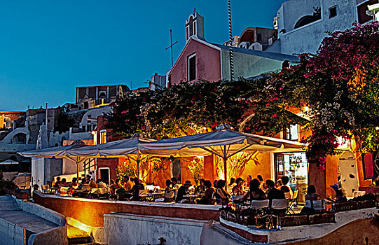 夜晚,展示,日落,温暖,餐馆,旅游,漂亮,锡拉岛,希腊,希腊群岛