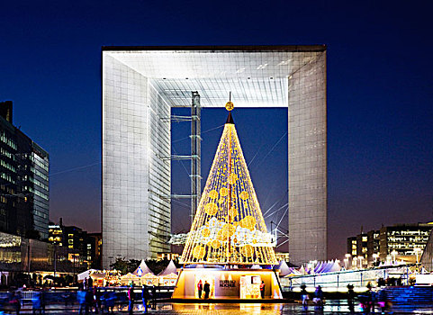 夜景,圣诞节,树,大,拱形,办公室,建筑,防护,区域,巴黎,法国,欧洲