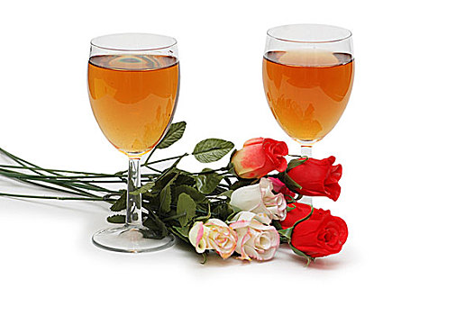 两个,玻璃杯,葡萄酒,花,隔绝,白色背景
