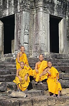 柬埔寨,收获,巴扬寺,四个,僧侣,坐,楼梯