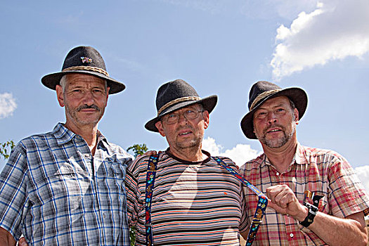 三个,老人,戴着,提洛尔,帽子,肖像,奥地利,欧洲