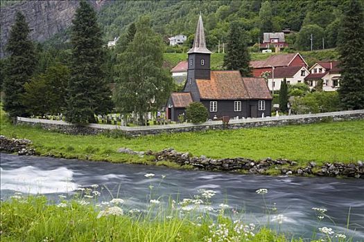 教堂,河岸,山谷,河,挪威