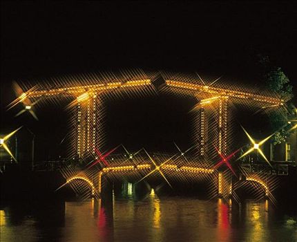 桥,河,夜晚,阿姆斯特丹,荷兰,欧洲