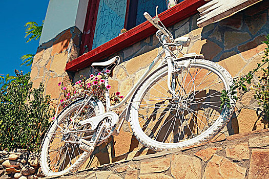 白色,旧式,自行车,红花,站立,靠近,老,石墙