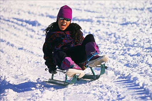 女人,雪撬,落基山脉,艾伯塔省,加拿大