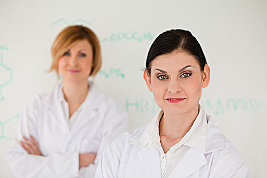 两个,科学家,女人,姿势,正面,白色书写板