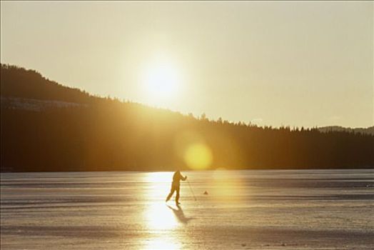 一个人,长途,滑雪,日落,瑞典