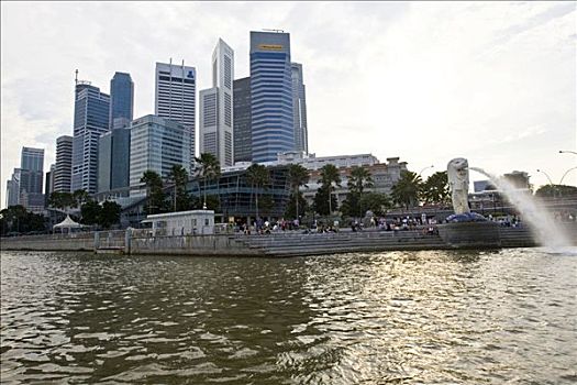 金融区,新加坡,码头,湾,后面,雕塑,鱼尾狮,一半,鱼,吉祥物,东南亚