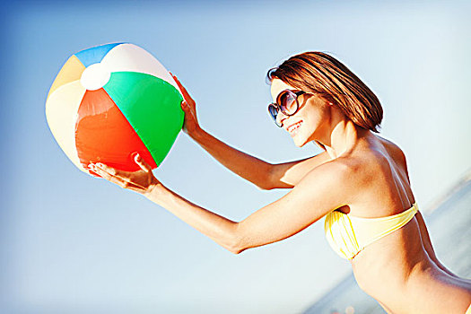 暑假,度假,海滩,活动,概念,女孩,比基尼,玩,球