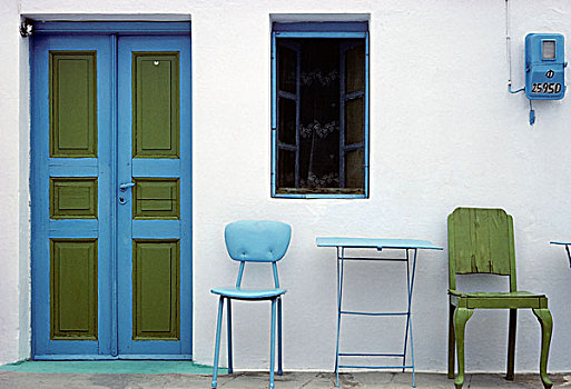 蓝色,绿色,门,椅子,正面,克里特,克里特岛,希腊,欧洲