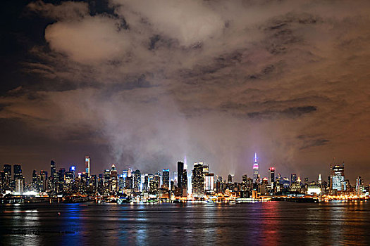 曼哈顿,市中心,摩天大楼,纽约,天际线,夜晚,雾