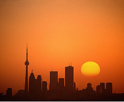 剪影,城市天际线,日落,多伦多,安大略省,加拿大