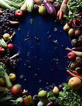 高处,新鲜,蔬菜,水果,圆,蓝色背景,桌子