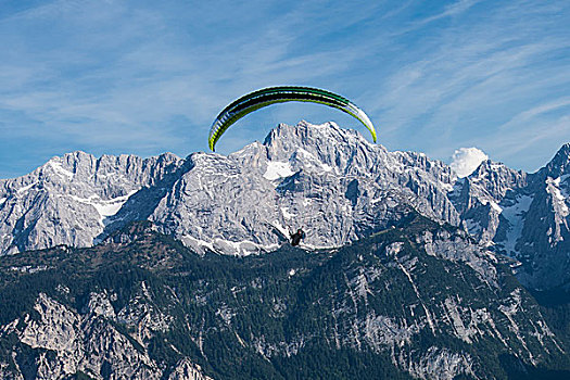 滑翔伞,山,航拍,滑伞运动,德国,巴伐利亚,上巴伐利亚,陆地,加米施帕藤基兴