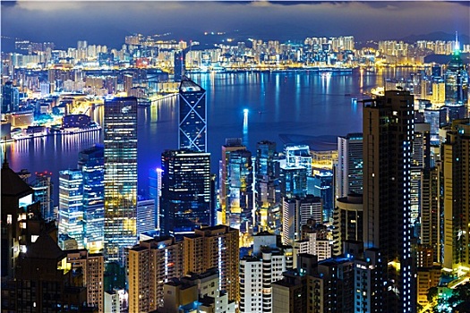 香港,城市天际线,夜晚,维多利亚港,摩天大楼
