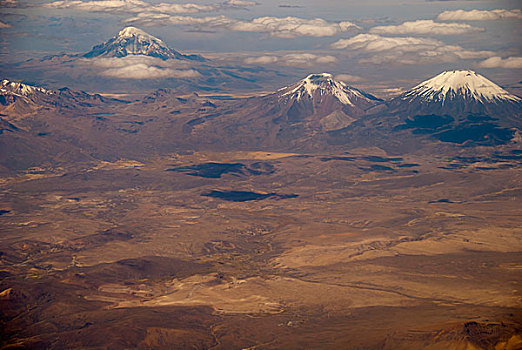 玻利维亚,智利,西部,山脉,边界,火山,高,顶峰,多年生植物,雪,阴天