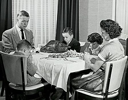 夫妻,孩子,祈祷,餐桌,感恩节