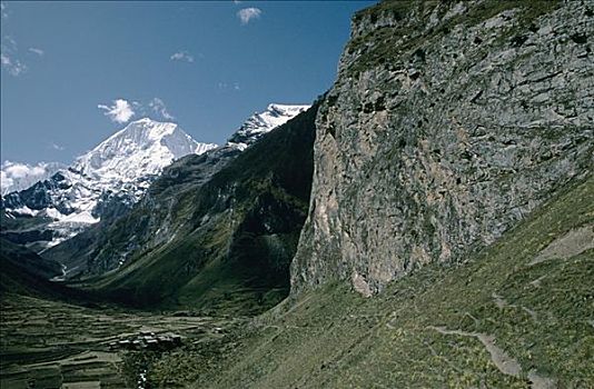 不丹,喜马拉雅山,遥远,农田,围绕,悬崖,雪山