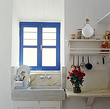 小,大理石,水槽,蓝色,框架,窗户,简单,乡村,厨房