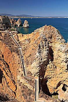 楼梯,岩石海岸,靠近,拉各斯,阿尔加维,葡萄牙,欧洲