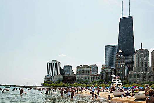 人,水,海滩,摩天大楼,背景,芝加哥,伊利诺斯,美国