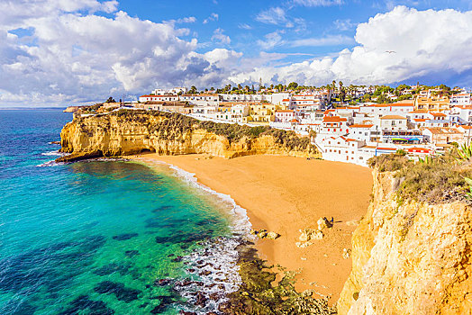 宽,沙滩,白房子,阴天,阿尔加维,葡萄牙,欧洲