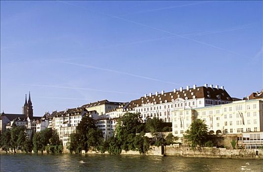 瑞士,巴塞尔,老城,建筑,边缘,莱茵河,蓝天