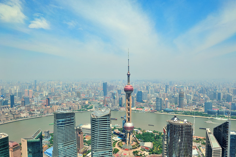 上海_俯视_航拍_白天_蓝天_云_东方明珠塔_高清图片_全景视觉