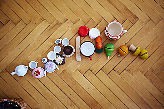 俯视,杯形蛋糕,玩具,杯子,木地板