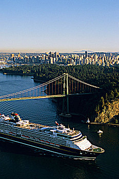 游船,狮门大桥,日落,温哥华,不列颠哥伦比亚省,加拿大