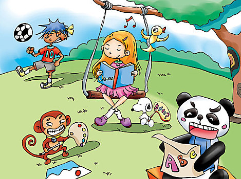 图书插图,动物,人物,卡通,猴子,小女孩,音乐,小鸟,小男孩,足球,熊猫,秋千