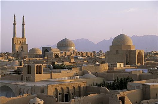 伊朗,亚兹德,全景,老城,清真寺,落日余晖