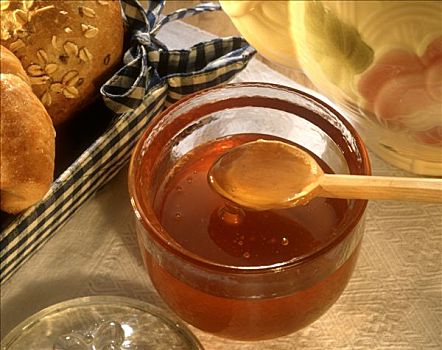 木勺,舀,蜂蜜,玻璃碗