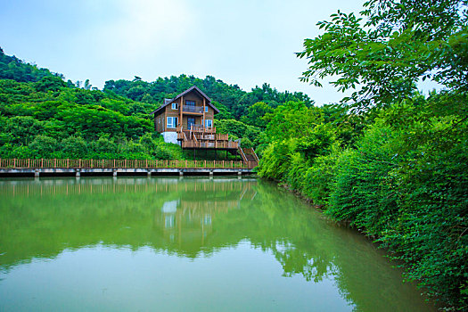 小木屋,水,绿色,山