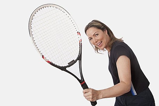 女人,拿着,网球拍,微笑