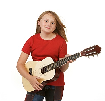 女孩,弹吉他,白色背景