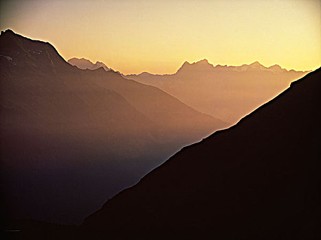 日落,上方,山谷,瑞士