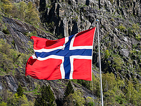 挪威,旗帜,乡村,岩石墙,背景,松恩峡湾