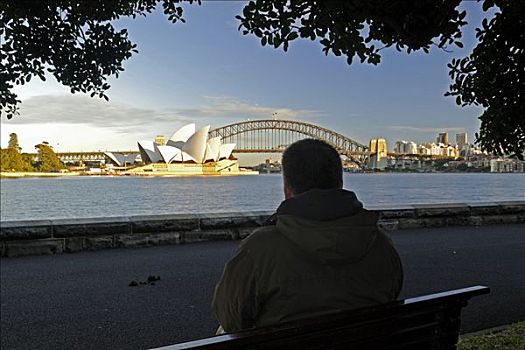 游客,看,日出,上方,悉尼歌剧院,海港大桥,悉尼,澳大利亚
