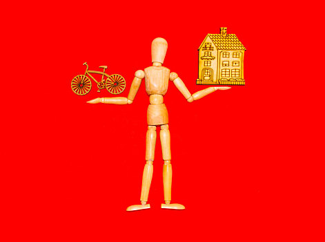 木质,人体模型,男人,拿着,房子,自行车