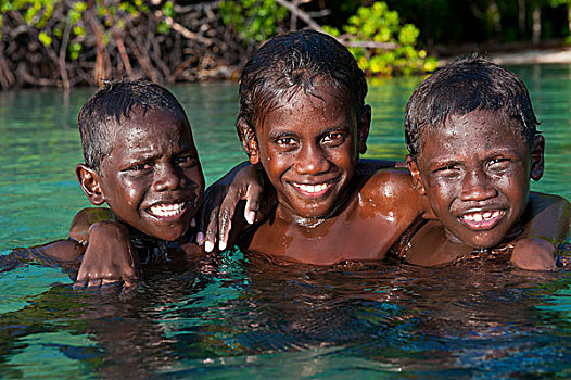友好,孩子,男孩,水,泻湖,所罗门群岛,太平洋